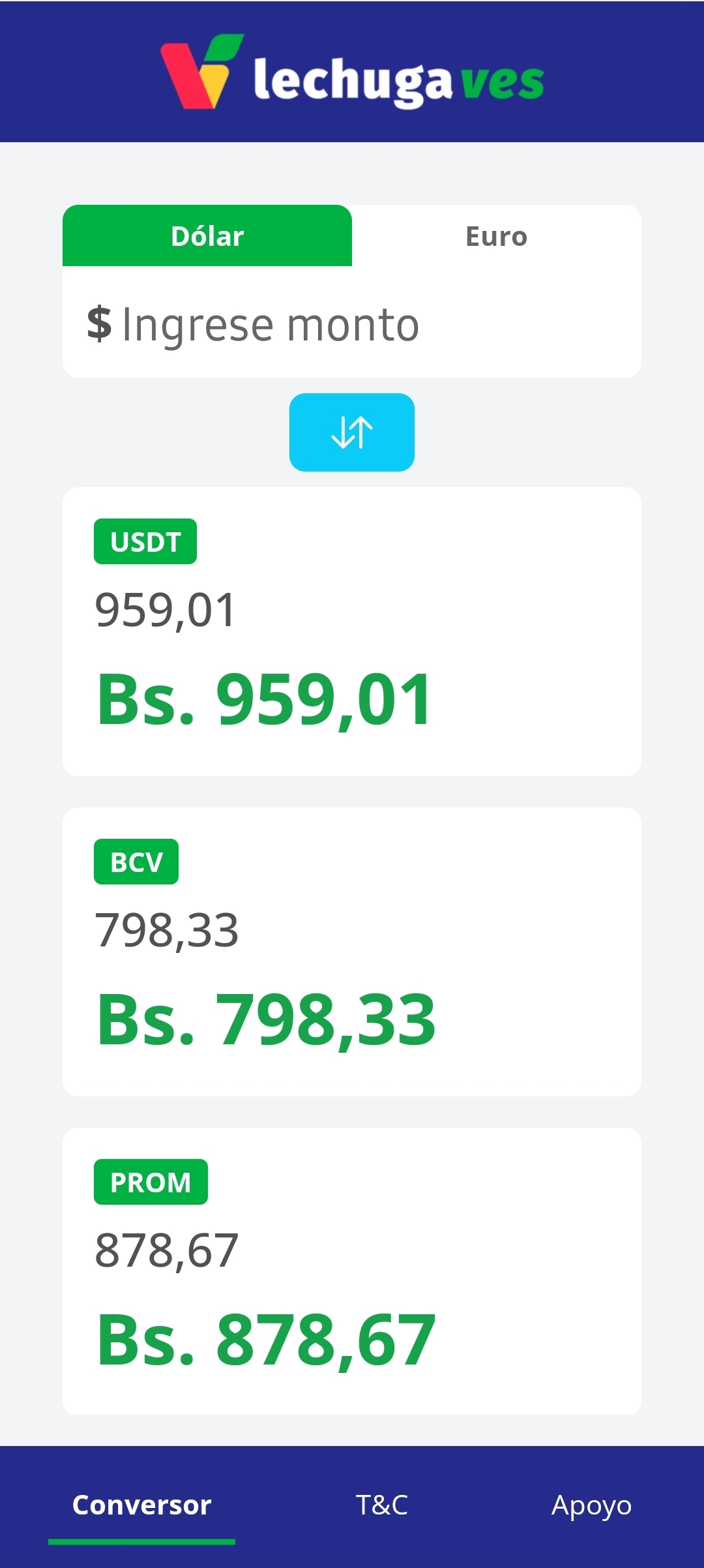 LechugaVES mostrando la conversión de dólares a bolívares en modo claro
